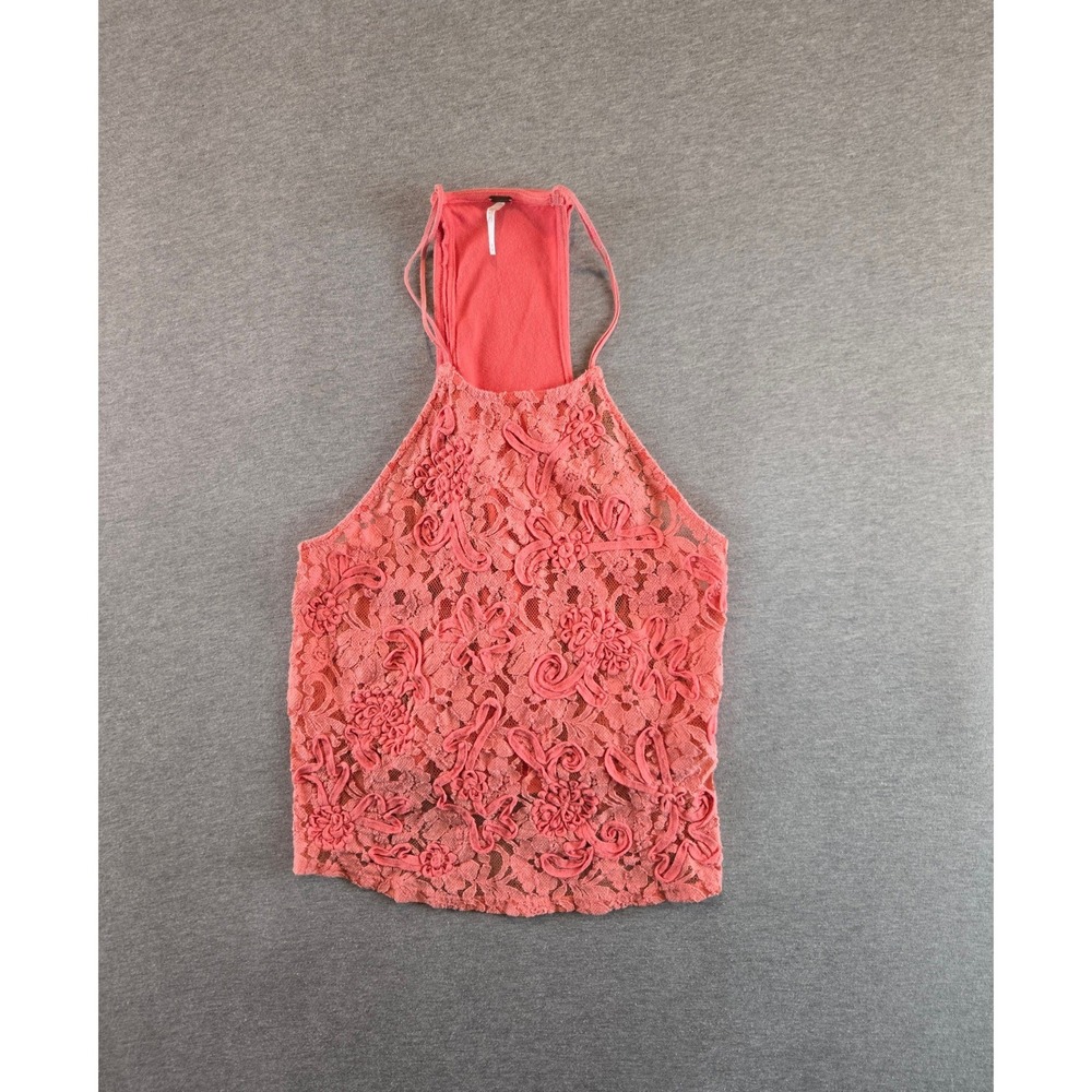 Free People Halter Top Womens M Coral Pink Floral Lace Boho High Neck Open Back